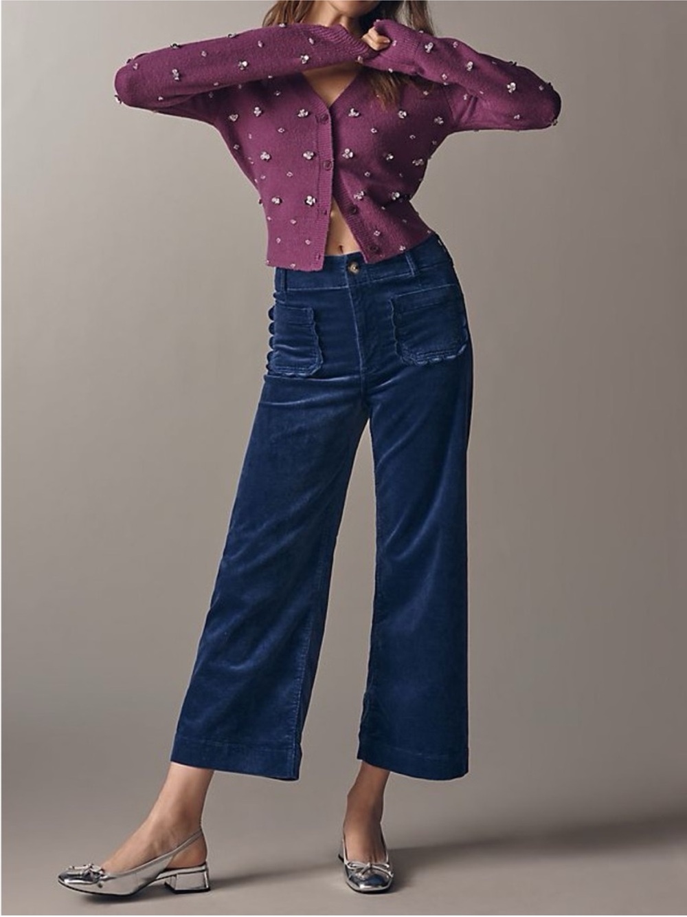 Anthropologie Maeve Colette Corduroy Wide Leg Cropped Pants in Navy Blue Sz 27